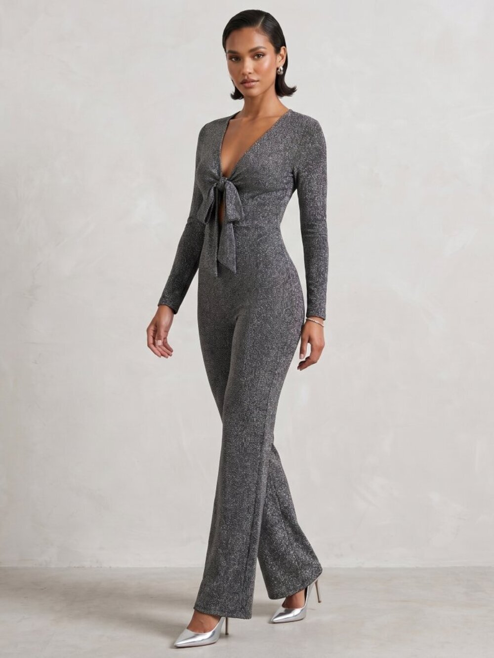 NWOT | Silver Glitter Sparkly Long Sleeve Tie Front Wide Leg Jumpsuit | Small